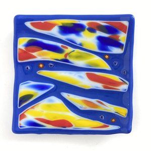 Handmade Fused Art Glass Trinket Tray Ring Dish Catch All Red Yellow Blue 6x6